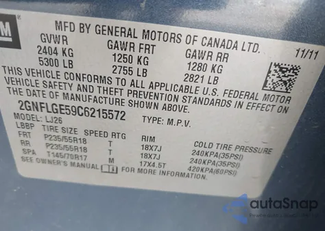 2012 Chevrolet Equinox Ltz из США, поврежденный, VIN 2GNFLGE59C6215572